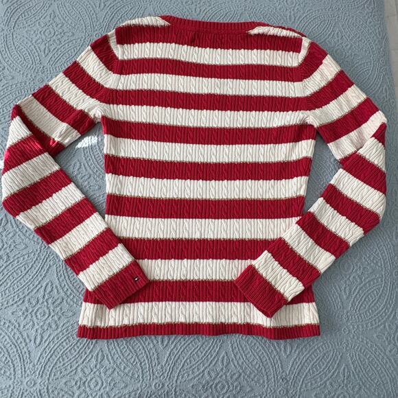Tommy Hilfiger Stripe Cable Knit Sweater Red White Gold Medium Preppy - Picture 6 of 8